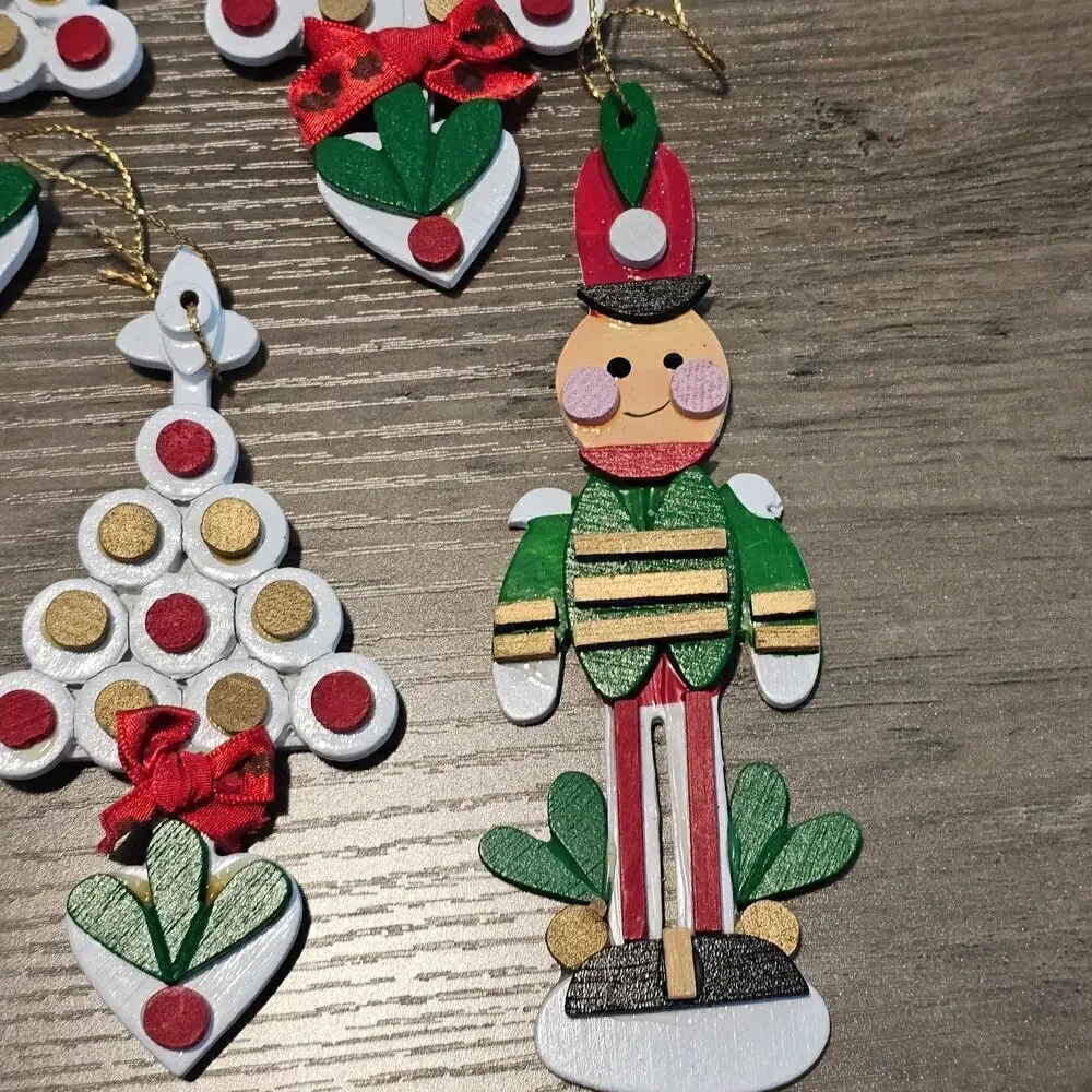Vintage Wooden Christmas Ornaments 80s Nutcrackers Christmas Trees Hand Painted